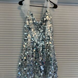 Silver Sequin Dress with Tulle Straps